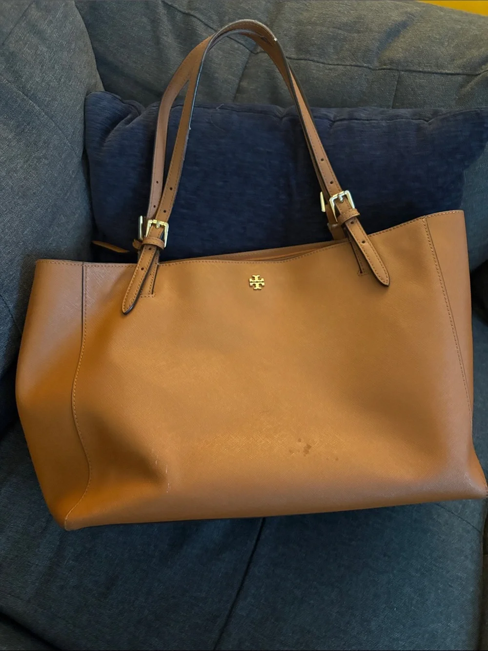 Tory Burch Tan Leather Double-Handle Tote with Gold Logo